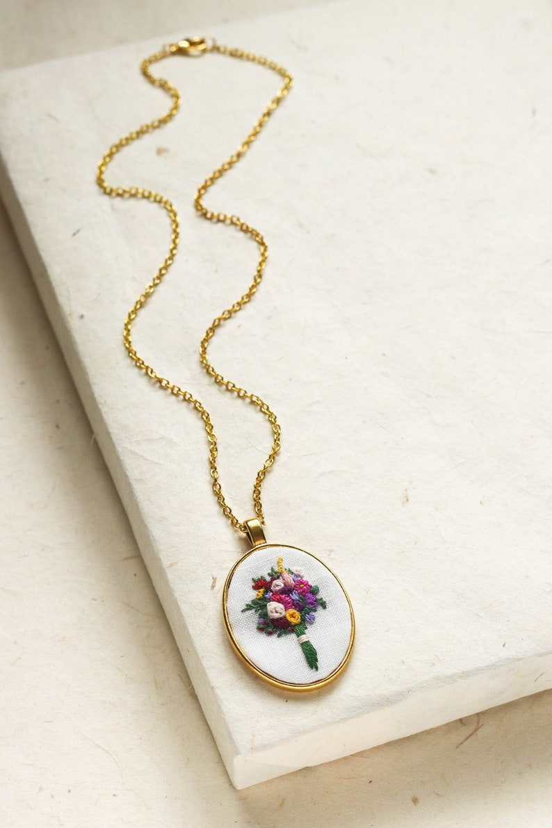 Unique Hand Embroidered Flower Bouquet Necklace, Mother's Day Gift, Spring Summer Floral Pendant, Wedding Bridesmaid Jewelry image 2