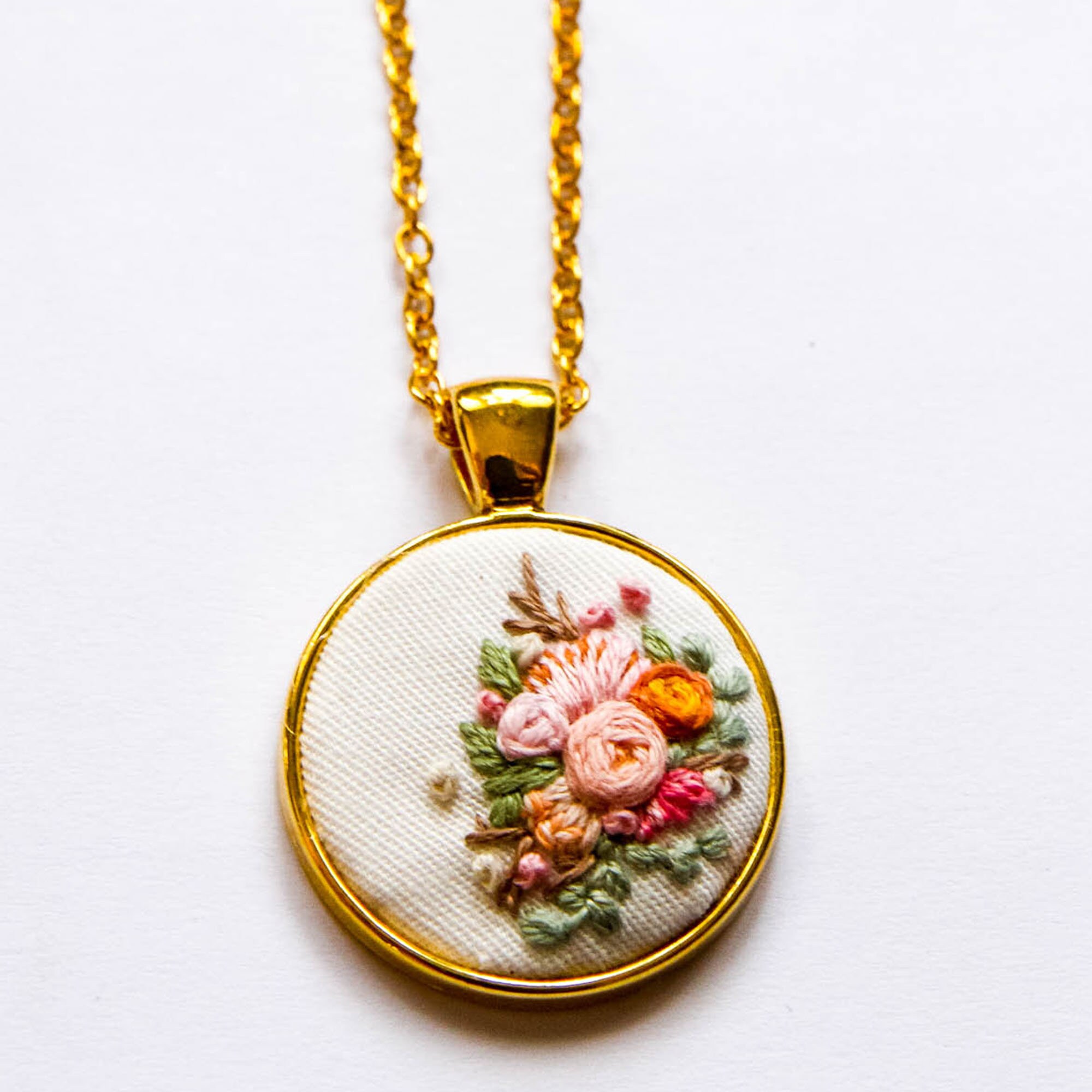 Hand Embroidered Floral Necklace Embroidered Flower Pendant Etsy