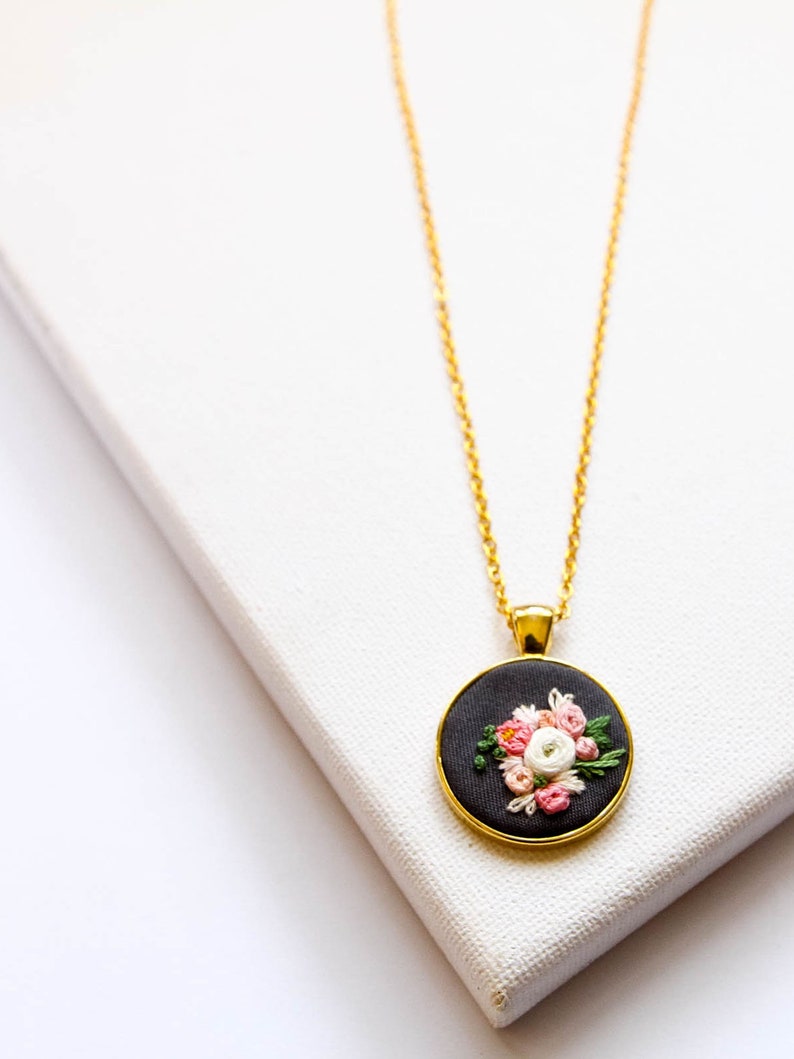 Unique Pink Peach Embroidered Flowers Necklace, Tiny Floral Embroidery Pendant, Dainty Handmade Textile Jewelry, Gift for Sister, Mom Gift image 6
