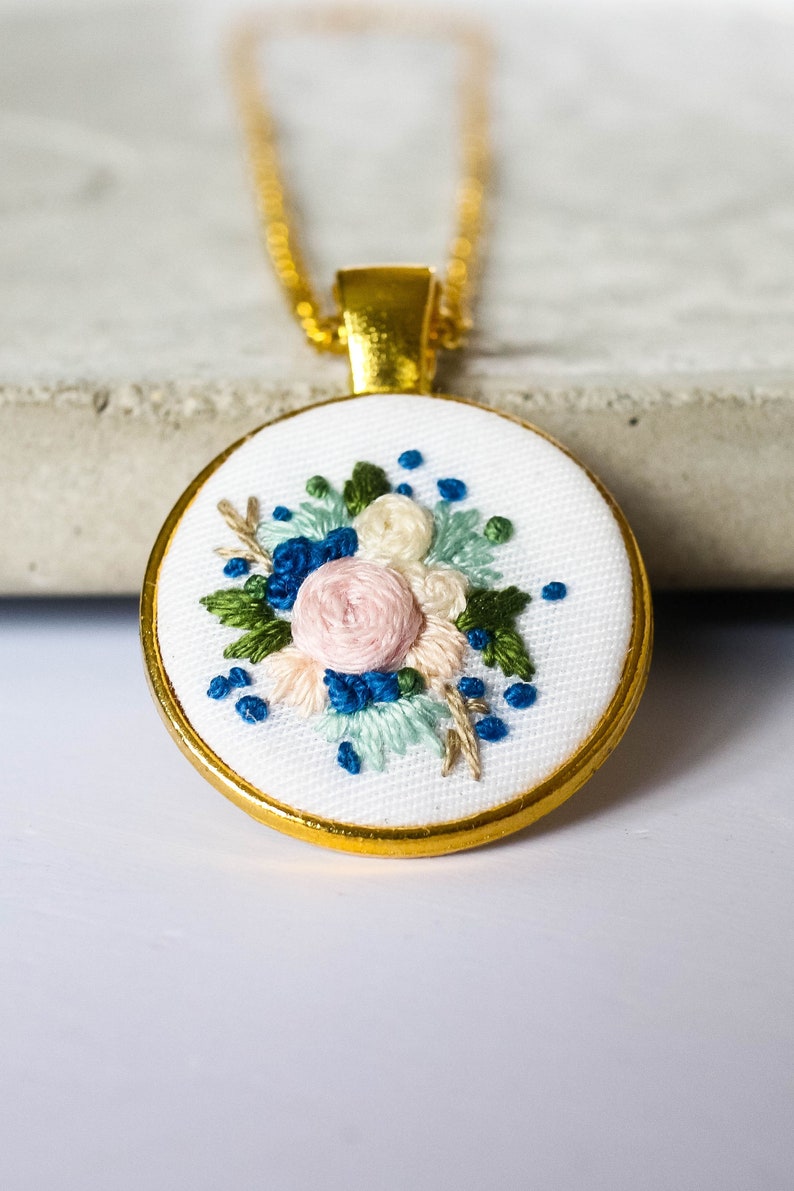 Embroidered Blue Necklace Pendant Hand Embroidered Flowers Etsy