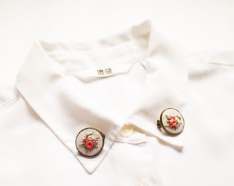 Hand Embroidered Flower Collar Pins - Handmade Tiny Brooch - Unique Needlework Lapel Pins - Wearable Fiber Art Mother's Day Gift