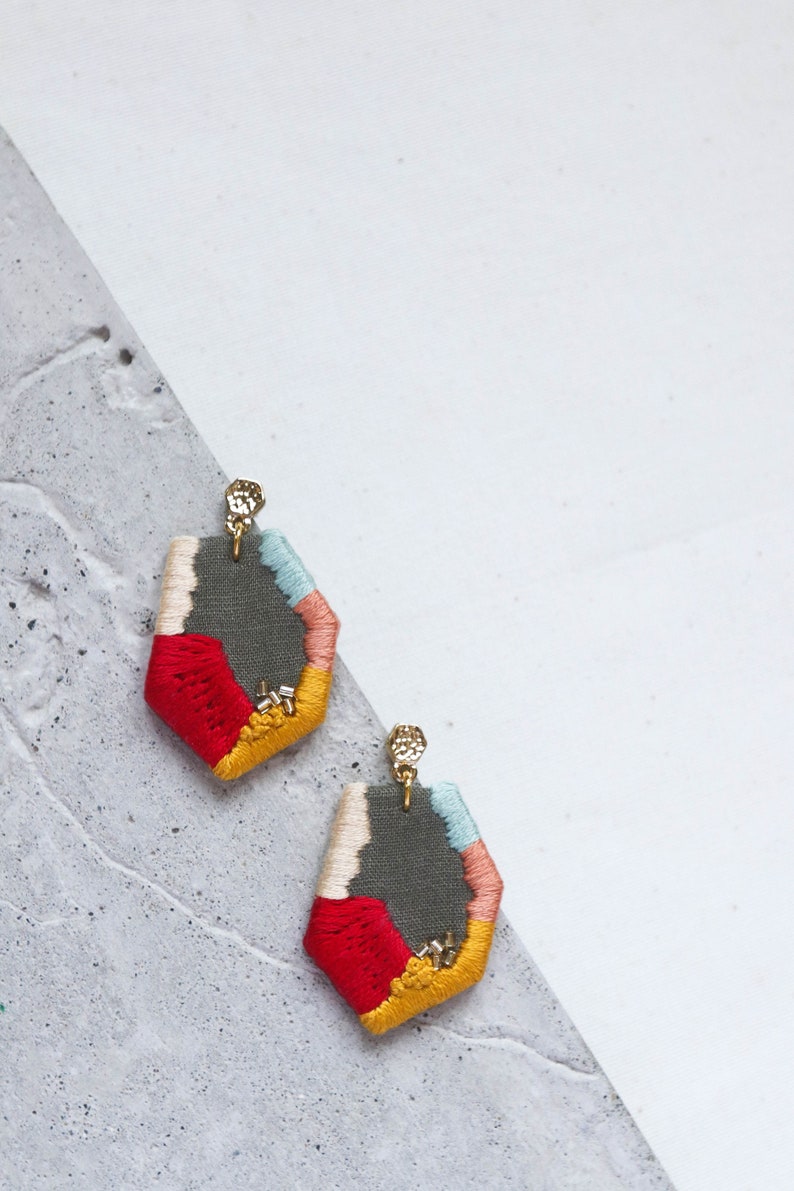 Hand Embroidered Geometric Earrings, Embroidered Summer Jewelry, Holiday Statement Earrings, Birthday Gift, Bridesmaid Gift image 2