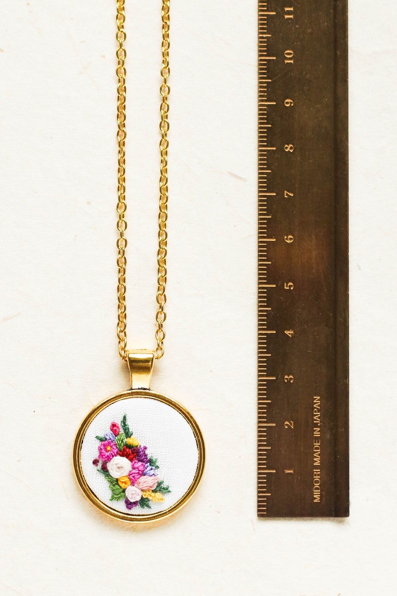 Hand Embroidered Floral Necklace, Boho Wedding Statement Jewelry, Modern Fiber Art Necklace, Mother's Day Gift, Colorful Dainty Pendant image 7