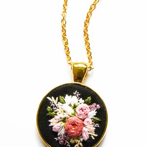 Unique Handmade Embroidered Floral Necklace, Personalized Flower Embroidery Pendant, Pink Black Textile Jewelry, Gift for Wife image 3