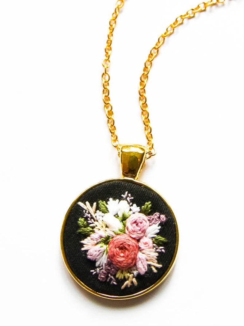 Unique Handmade Embroidered Floral Necklace, Personalized Flower Embroidery Pendant, Pink Black Textile Jewelry, Gift for Wife image 3