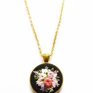 Unique Handmade Embroidered Floral Necklace, Personalized Flower Embroidery Pendant, Pink Black Textile Jewelry, Gift for Wife image 7