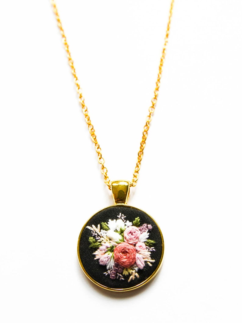 Unique Handmade Embroidered Floral Necklace, Personalized Flower Embroidery Pendant, Pink Black Textile Jewelry, Gift for Wife image 7