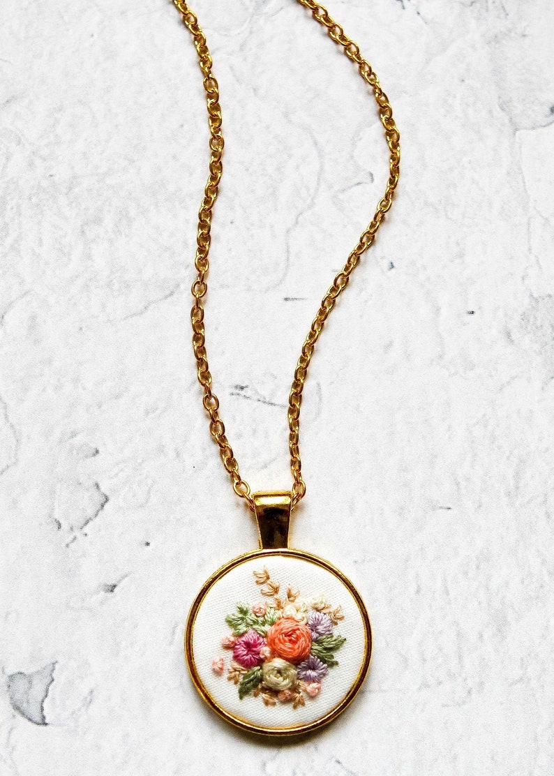 Dainty Embroidered Necklace, Tiny Flowers Embroidery Pendant, Vintage Inspired Handmade Jewelry, Bridesmaid Proposal Gift, Birthday Gift image 6