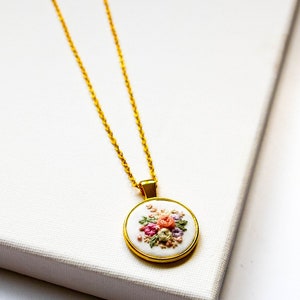 Dainty Embroidered Necklace, Tiny Flowers Embroidery Pendant, Vintage Inspired Handmade Jewelry, Bridesmaid Proposal Gift, Birthday Gift image 9