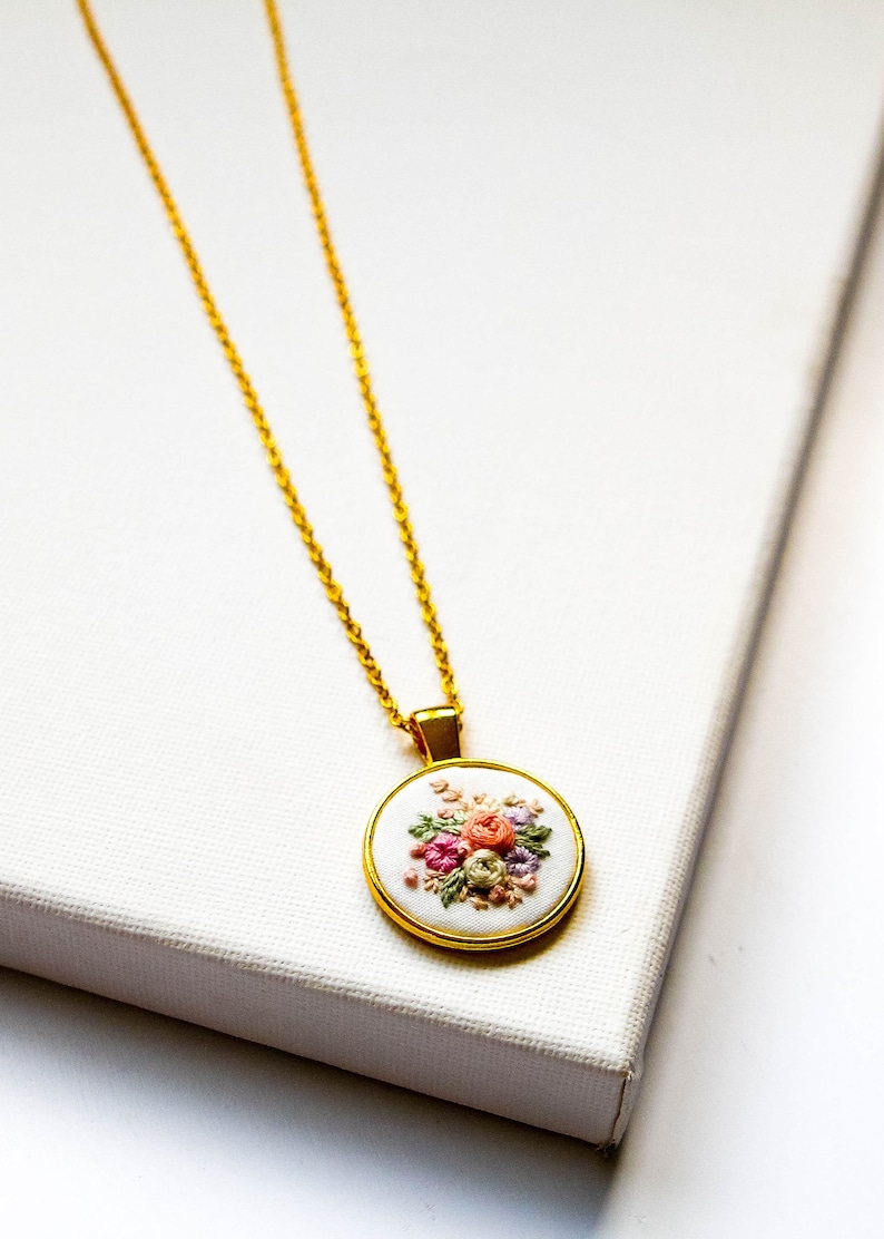 Dainty Embroidered Necklace, Tiny Flowers Embroidery Pendant, Vintage Inspired Handmade Jewelry, Bridesmaid Proposal Gift, Birthday Gift image 9
