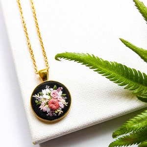 Unique Handmade Embroidered Floral Necklace, Personalized Flower Embroidery Pendant, Pink Black Textile Jewelry, Gift for Wife image 8