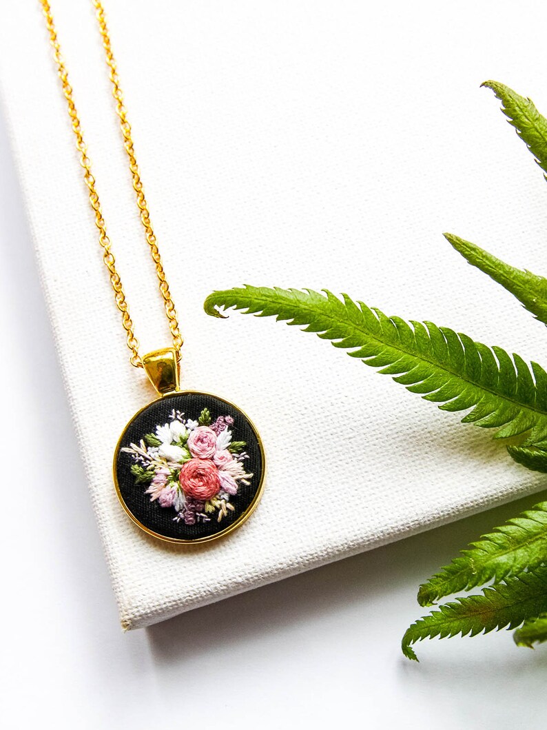 Unique Handmade Embroidered Floral Necklace, Personalized Flower Embroidery Pendant, Pink Black Textile Jewelry, Gift for Wife image 8