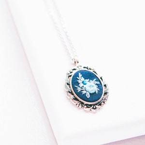 Hand Embroidered Blue Flowers Necklace, Silver Flower Pendant, Handmade Statement Layering Necklace, Nature-inspired Jewelry, Christmas Gift
