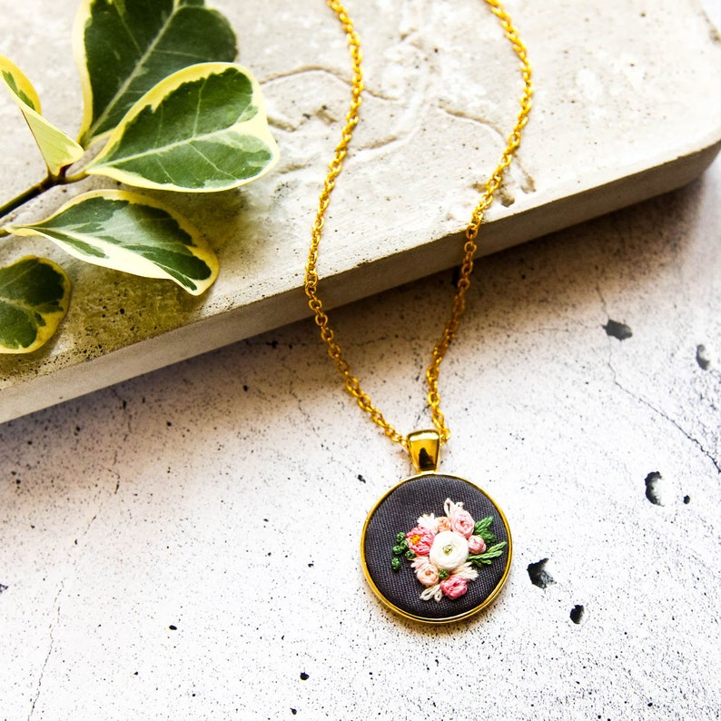 Unique Pink Peach Embroidered Flowers Necklace, Tiny Floral Embroidery Pendant, Dainty Handmade Textile Jewelry, Gift for Sister, Mom Gift image 9