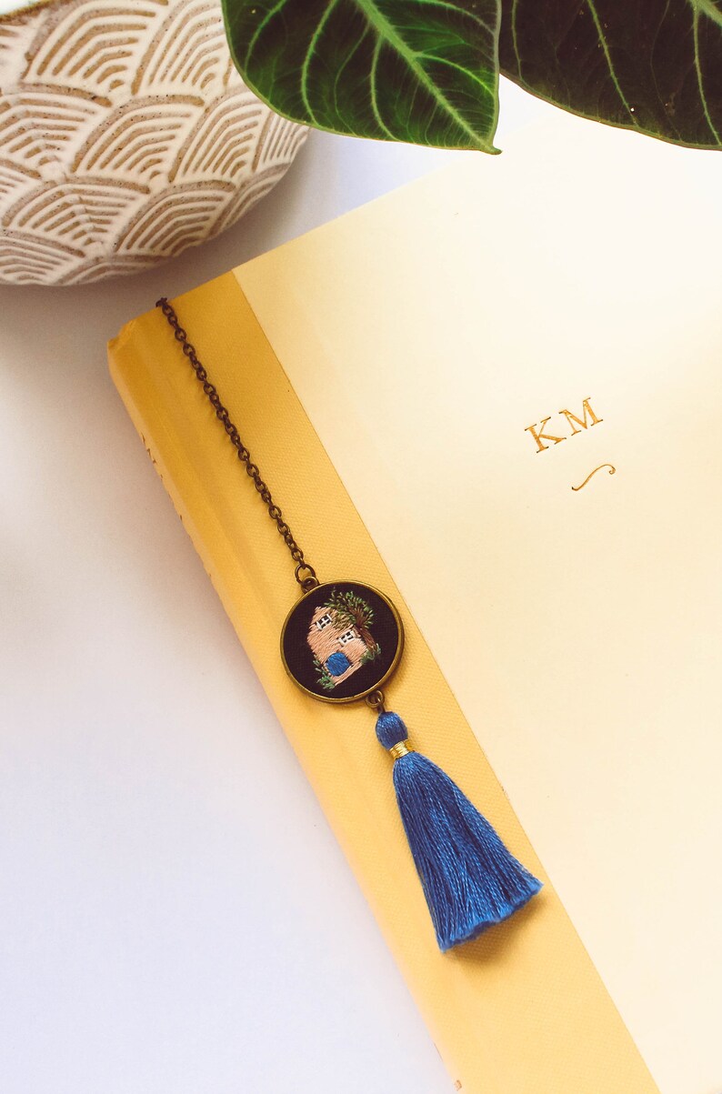 Embroidered Blue and Peach House Bookmark, Cottage Embroidery Book Accessory, Key and Tassel Book Charm, Gift for Her, Gift Under 30 image 10