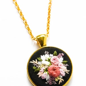 Unique Handmade Embroidered Floral Necklace, Personalized Flower Embroidery Pendant, Pink Black Textile Jewelry, Gift for Wife image 6