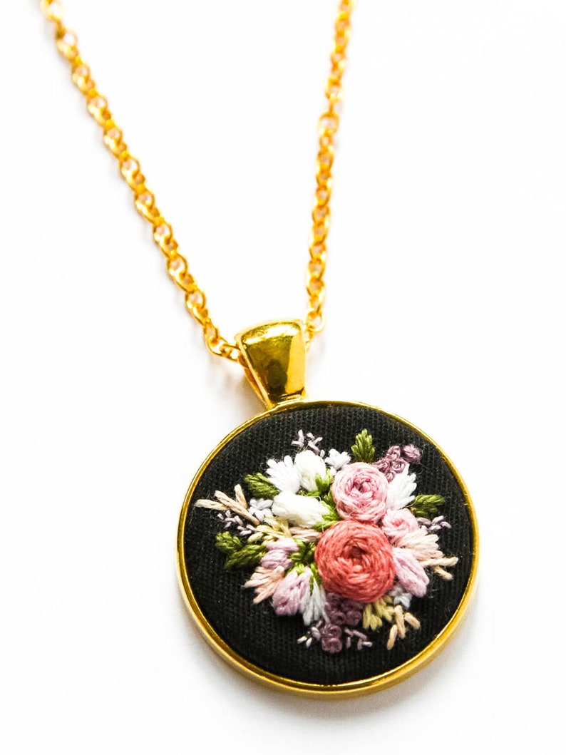 Unique Handmade Embroidered Floral Necklace, Personalized Flower Embroidery Pendant, Pink Black Textile Jewelry, Gift for Wife image 6