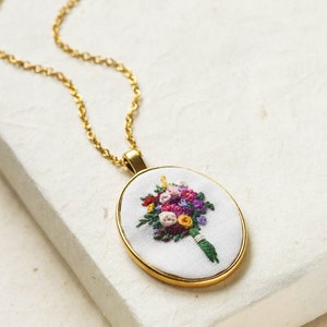 Unique Hand Embroidered Flower Bouquet Necklace, Mother's Day Gift, Spring Summer Floral Pendant, Wedding Bridesmaid Jewelry image 3