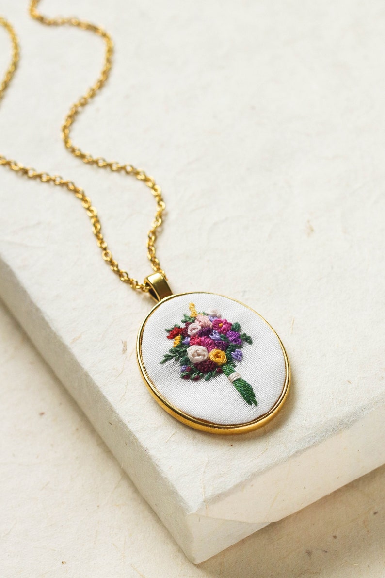 Unique Hand Embroidered Flower Bouquet Necklace, Mother's Day Gift, Spring Summer Floral Pendant, Wedding Bridesmaid Jewelry image 3