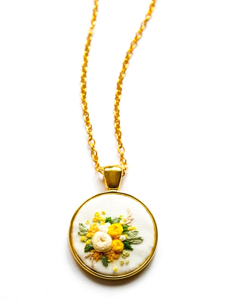 Unique Hand Embroidered Yellow Rose Necklace Spring Flower Embroidery Pendant Nature Inspired Gift for Mom Bridesmaid Gift image 4