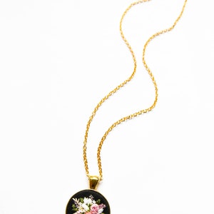 Unique Handmade Embroidered Floral Necklace, Personalized Flower Embroidery Pendant, Pink Black Textile Jewelry, Gift for Wife image 5