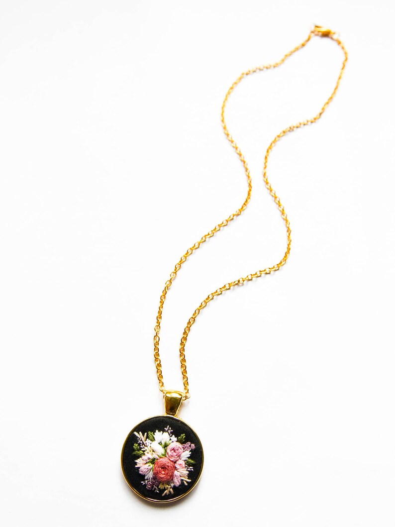 Unique Handmade Embroidered Floral Necklace, Personalized Flower Embroidery Pendant, Pink Black Textile Jewelry, Gift for Wife image 5