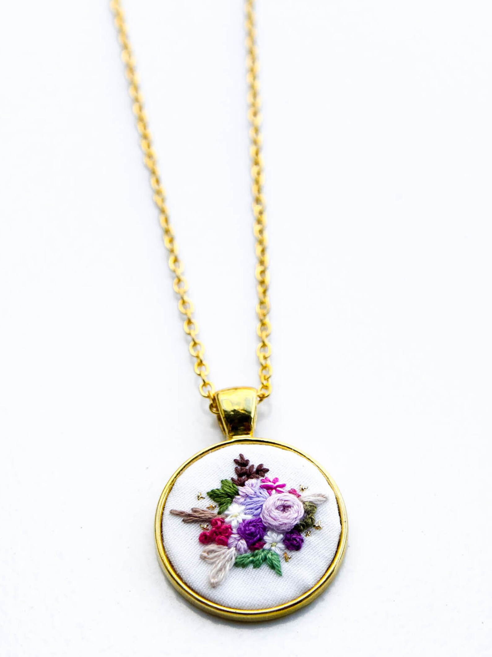 Hand Embroidered Flower Necklace Round Circle Pendant Etsy