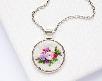 READY TO SHIP: Hand Embroidered Dainty Lavender Flowers Necklace, Floral Embroidery on Round Silver Pendant, Tiny Embroidery, Wearable Art