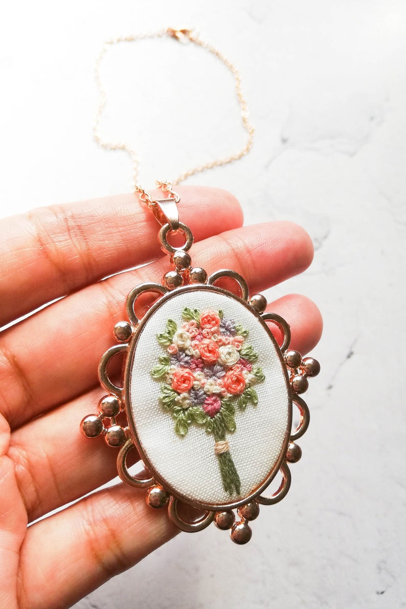 Handmade Flower Silver Necklace, Mother's Day Gift for Her, Unique Embroidered Floral Jewelry, Bridesmaid Gift image 5