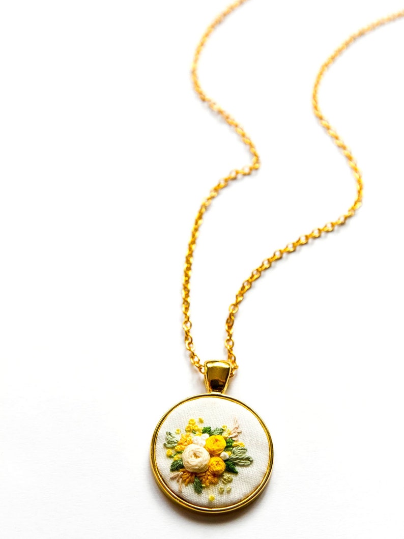 Unique Hand Embroidered Yellow Rose Necklace Spring Flower Embroidery Pendant Nature Inspired Gift for Mom Bridesmaid Gift image 1