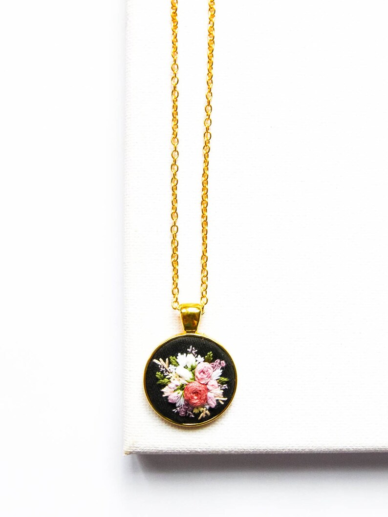 Unique Handmade Embroidered Floral Necklace, Personalized Flower Embroidery Pendant, Pink Black Textile Jewelry, Gift for Wife image 1