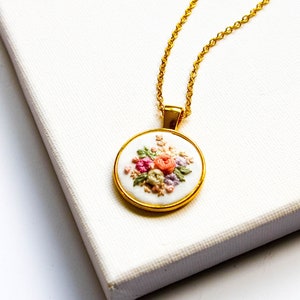 Dainty Embroidered Necklace, Tiny Flowers Embroidery Pendant, Vintage Inspired Handmade Jewelry, Bridesmaid Proposal Gift, Birthday Gift image 3