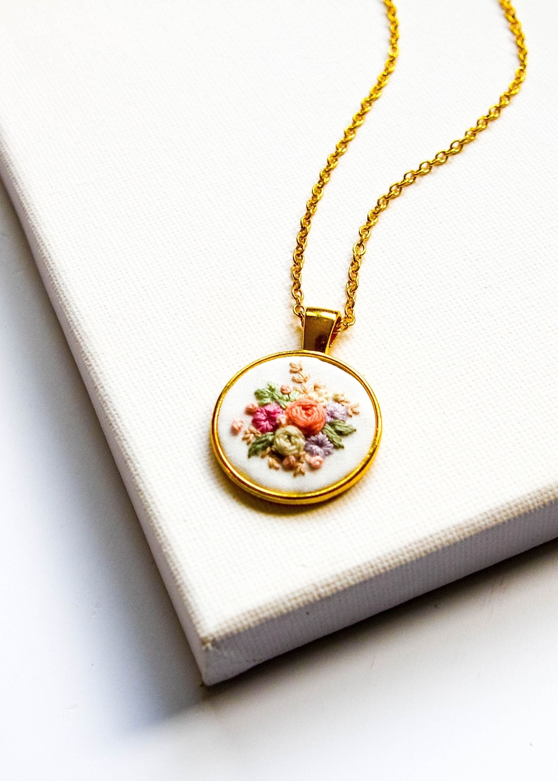 Dainty Embroidered Necklace, Tiny Flowers Embroidery Pendant, Vintage Inspired Handmade Jewelry, Bridesmaid Proposal Gift, Birthday Gift image 3