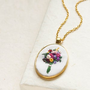 Unique Hand Embroidered Flower Bouquet Necklace, Mother's Day Gift, Spring Summer Floral Pendant, Wedding Bridesmaid Jewelry image 5