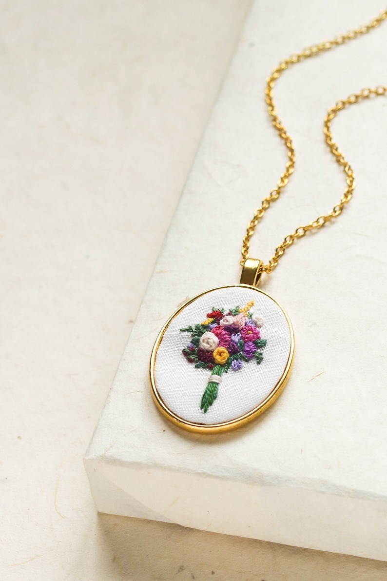 Unique Hand Embroidered Flower Bouquet Necklace, Mother's Day Gift, Spring Summer Floral Pendant, Wedding Bridesmaid Jewelry image 5