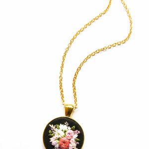 Unique Handmade Embroidered Floral Necklace, Personalized Flower Embroidery Pendant, Pink Black Textile Jewelry, Gift for Wife image 4