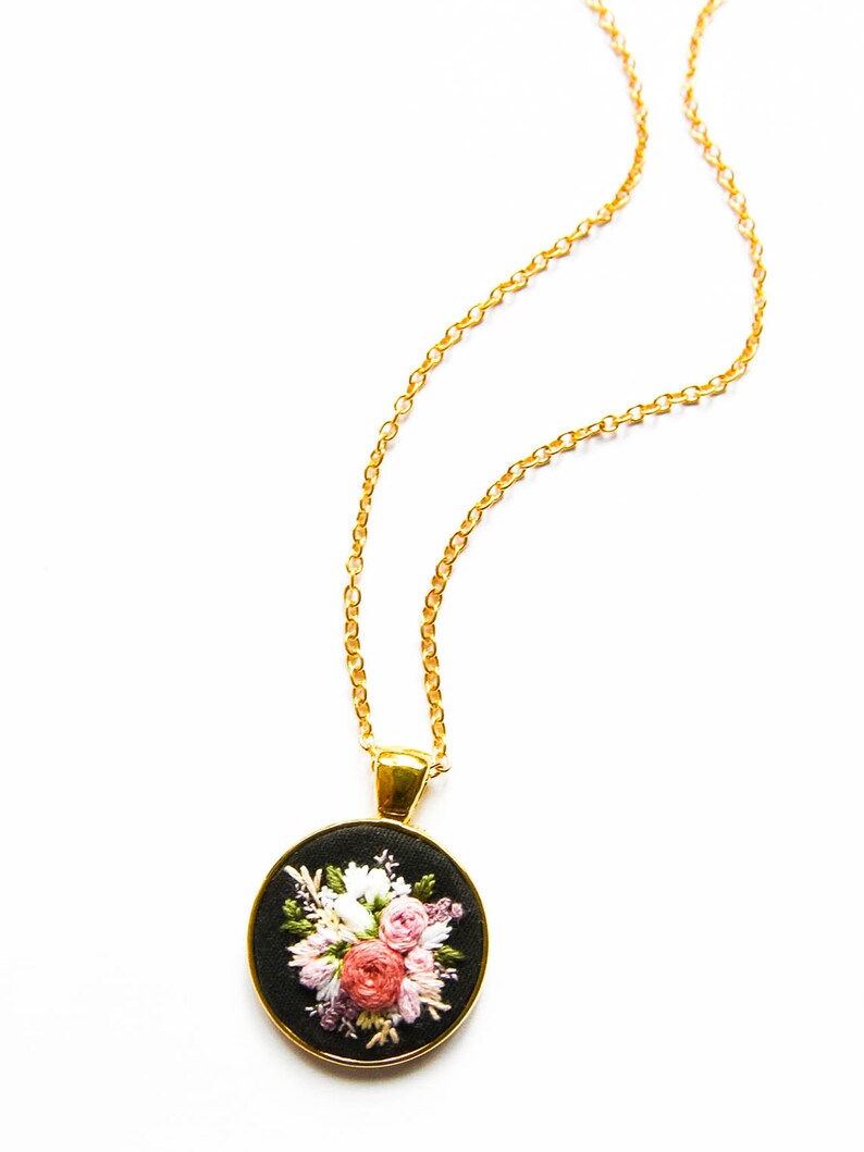 Unique Handmade Embroidered Floral Necklace, Personalized Flower Embroidery Pendant, Pink Black Textile Jewelry, Gift for Wife image 4