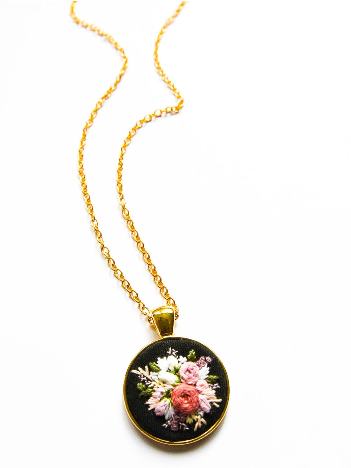 Embroidered Flower Necklace Floral Hand Embroidery Statement Etsy