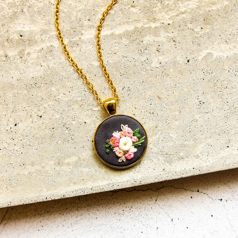 Unique Pink Peach Embroidered Flowers Necklace, Tiny Floral Embroidery Pendant, Dainty Handmade Textile Jewelry, Gift for Sister, Mom Gift image 7