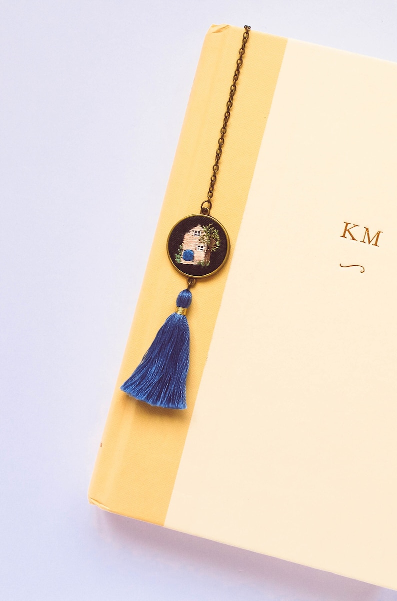 Embroidered Blue and Peach House Bookmark, Cottage Embroidery Book Accessory, Key and Tassel Book Charm, Gift for Her, Gift Under 30 image 1