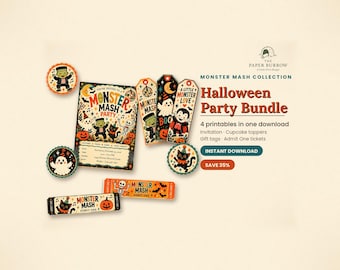 Puede incluir: Un paquete de fiesta de Halloween Monster Mash que incluye una invitación, etiquetas de regalo, adornos para cupcakes y boletos de admisión imprimibles. Los diseños incluyen ilustraciones de un monstruo de Frankenstein, un fantasma, un gato negro y un esqueleto.