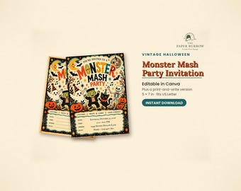 Monster Mash Vintage Retro Halloween Party Invitation, Editable Canva Template, Frankenstein, 5x7, Instant Download, Printable
