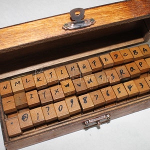 Pu&ograve; includere: Una scatola di legno con un coperchio incernierato che contiene un set di timbri con lettere e numeri. I timbri sono disposti in file e sono in legno con inchiostro nero.