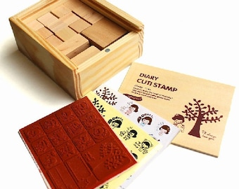 15 pcs Diary Stamps in Wooden Case - Wooden Rubber Stamp Set - Stamp Tree-EM62272