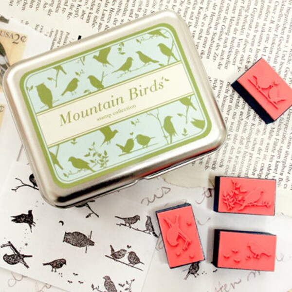 Ensemble de timbres DIY Mountain Birds - Ensemble de tampons en caoutchouc - Ensemble de timbres en boîte en étain - 9 pièces - EM62663