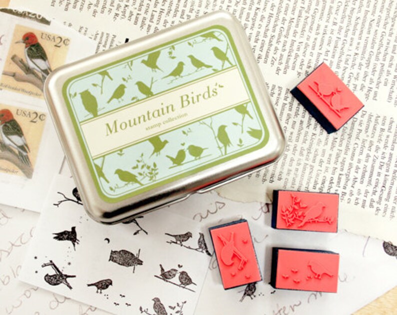 DIY Montain Birds Stamp Set Rubber Stamp Set Tin Box Stamp Set 9 pcs EM62663 image 1