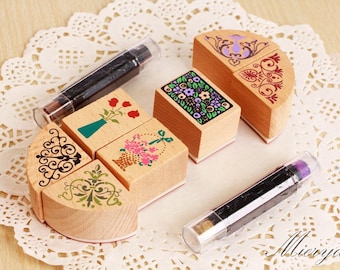 Lace Rubber Stamp Set: Wooden Diary Stamps with Ink Pads