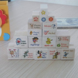 18 pcs Cartoon Stamps - Wooden Rubber Stamps - English Stamps