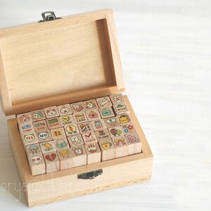 40 Pcs Korean Cat Stamps in Wooden Case - Rubber Stamps - Diary Stamps-EM62284