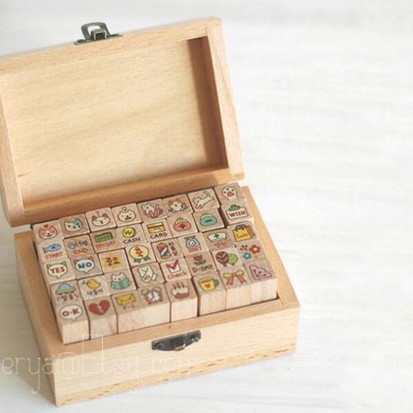 40 Stück koreanische Katzenstempel im Holzetui - Rubber Stamps - Diary Stamps-EM62284